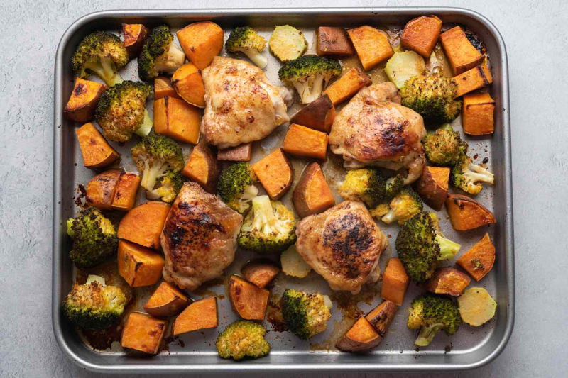 Roasted Sheet Pan Chicken, Sweet Potatoes, and Broccoli