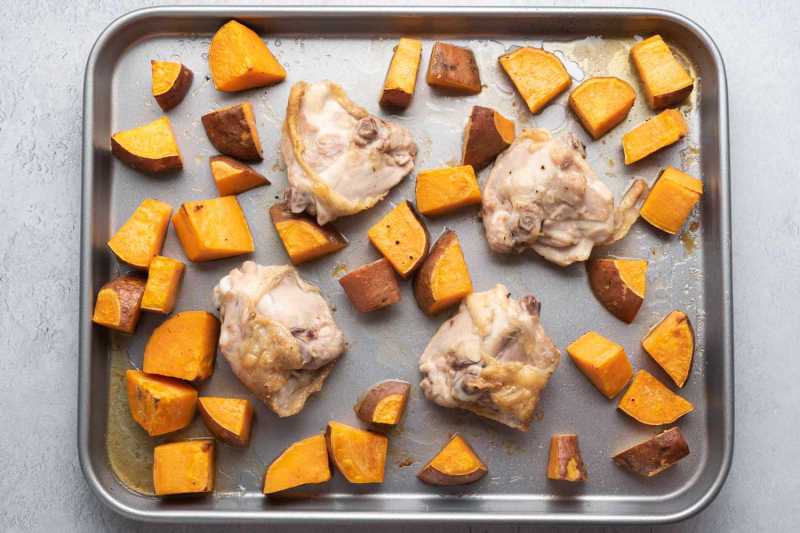 Roasted Sheet Pan Chicken, Sweet Potatoes, and Broccoli