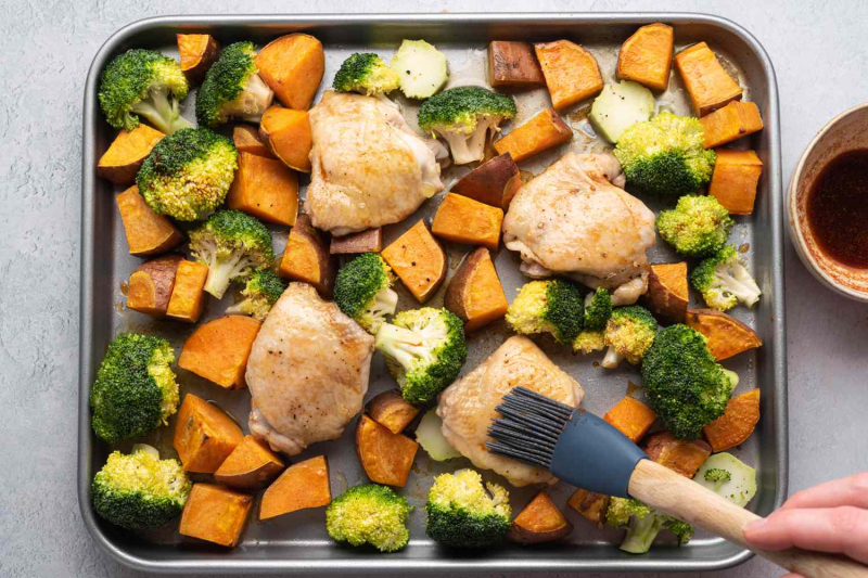 Roasted Sheet Pan Chicken, Sweet Potatoes, and Broccoli