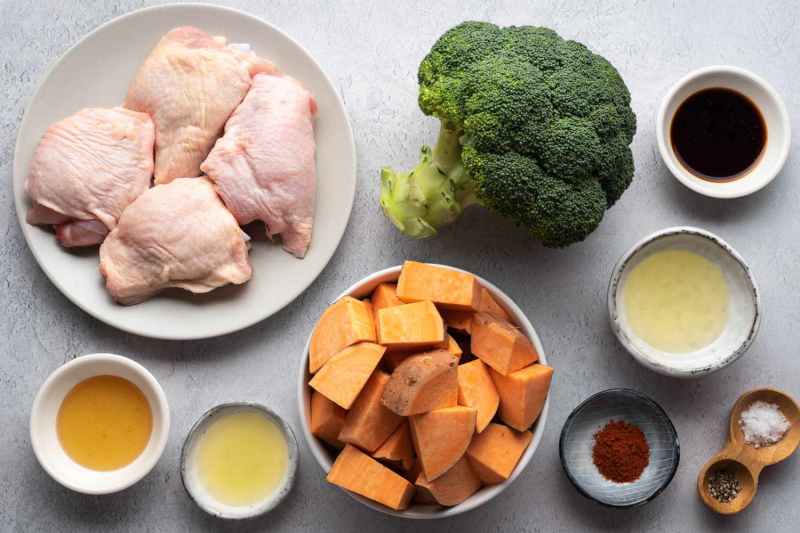 Roasted Sheet Pan Chicken, Sweet Potatoes, and Broccoli